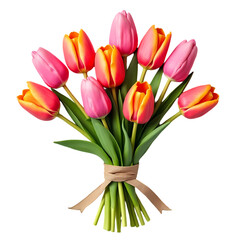 Obraz premium A bouquet of pink and orange tulips tied with a burlap ribbon isolated on transparent background