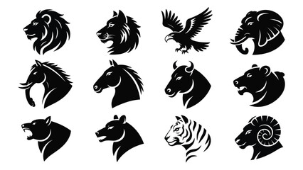 collection of 9 black and white animal head silhouettes including lion, wolf, eagle, elephant, horse, bull, bear, panther, zebra, and ram