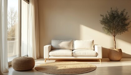 Minimalist living room interior design with olive tree. Modern white sofa with pillows near window with daylight. Beige curtains rug. Wooden floor. Cozy home apartment.