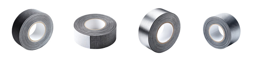 A collection of duct tape rolls in various sizes  long title A set of duct tape rolls in different sizes and colors including silver and black