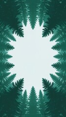 Abstract geometric pine tree silhouettes in gradient jade greens converge toward central negative space oval. Ideal for eco-branding, National Park posters, or sustainable product packaging.