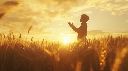 Silhouette Man in Wheat Field at Sunset
