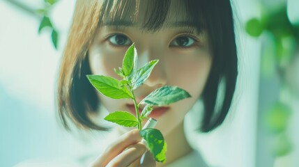 Person holding a clean, green plant instead of a cigarette