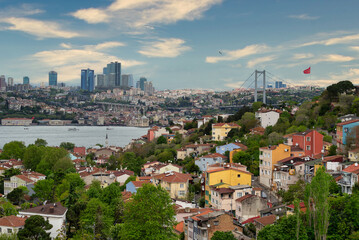 Istanbul, Turkey, with its skyline featuring the Bosphorus Strait, towering buildings on the European side, and the iconic Bosphorus Bridge
