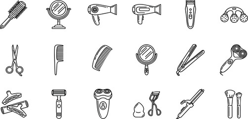 Beauty & Grooming Icon Set Hair Care, Makeup Tools, Razors, Mirrors, Combs, Flat Irons & More Vector Collection for Design & Branding.