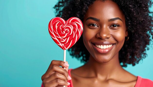 Smiling Black woman holds a heartshaped lollipop with Valentines Day concept.