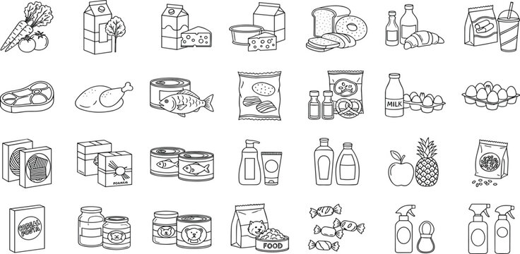  Groceries Icon Set Fresh Produce, Dairy, Snacks, Meats, Condiments, Beverages, Baby Food, Household Items – Vector Icons for E-commerce, Food Delivery & Grocery Apps