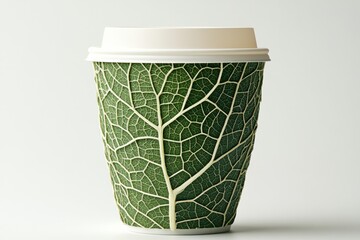 Biodegradable coffee cup made entirely of vibrant leaf texture representing eco-friendly and sustainable packaging