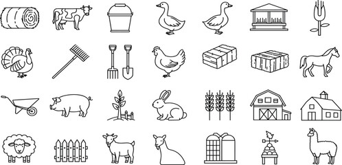 Livestock Farming Vector Icon Set Adjustable Line Weight Agriculture, barn, hay, cattle, poultry, sheep, pig, farming tools, feeding, rural life, animal husbandry, farm management icons.