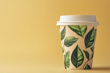 A creative and modern sustainability-themed coffee cup with leaf pattern representing eco-friendly beverage consumption