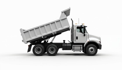 White dump truck with raised bed, side view isolated white background. Industrial design, modern construction, commercial vehicle for transport, heavy equipment for logistic, delivery, cargo.
