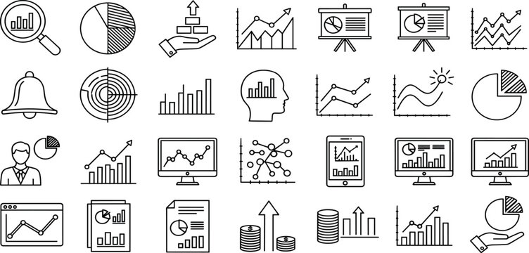Data Analytics Vector Icon Set Adjustable Line Weight Chart, graph, analysis, report, growth, trend, statistics, pie chart, bar graph, line graph, scatter plot, dashboard, infographic icons