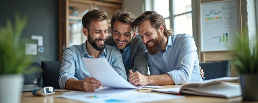 Business team examines graphs, working together in office. Men smiling, discussing document, collaboration, teamwork, cooperation, brainstorming, planning, discussion. Successful strategy, confident