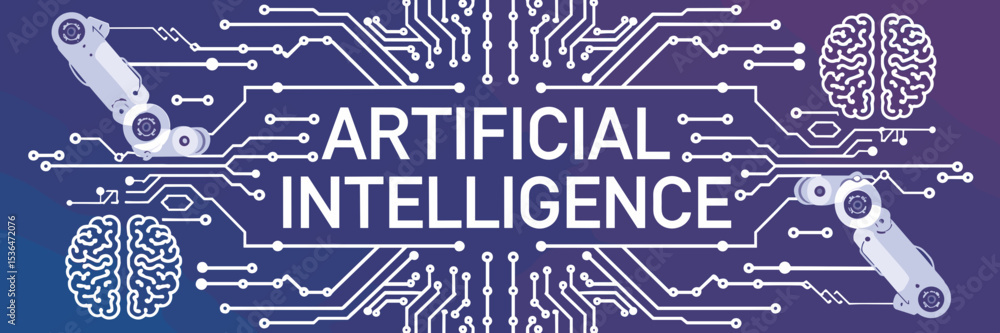 Poster artificial intelligence design with brain circuits and robotic arms on blue-purple gradient – perfec