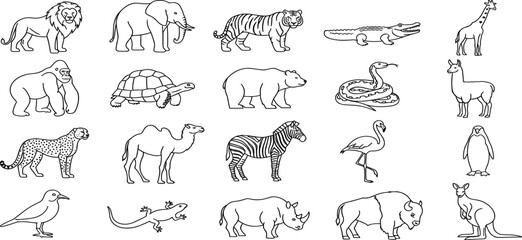  Zoo Animals Vector Icon Set Adjustable Line Weight Lion, elephant, giraffe, crocodile, penguin, zebra, wildlife, safari, exotic, jungle, wild animal, nature exploration icons