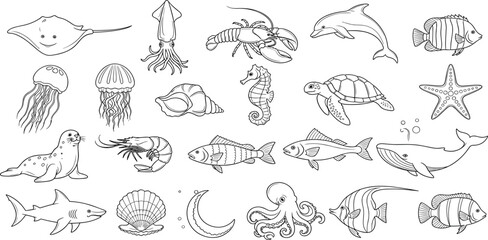 Sea Animals Vector Icon Set Adjustable Line Weight Fish, dolphin, whale, shark, squid, octopus, turtle, jellyfish, seahorse, shell, marine, aquatic, underwater icons.