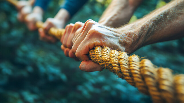 A close-up of hands gripping a rope in a tug-of-war activity, emphasizing teamwork and determination. The image perfectly captures the essence of cooperation