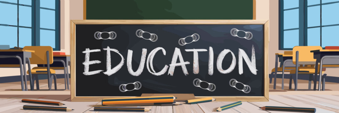 Classroom blackboard with education text and broken pencils highlighting diploma gaps – Suitable for education inequality campaigns, school concepts, or social issues