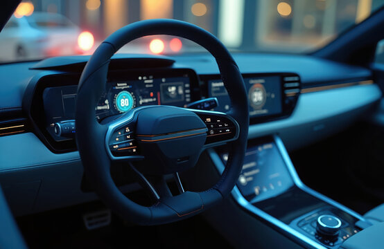 Modern car dashboard with virtual interface displaying driving information. Futuristic car interior, digital controls, navigation, multimedia. Tech, automotive, transport, vehicle, driver experience, - Powered by Adobe