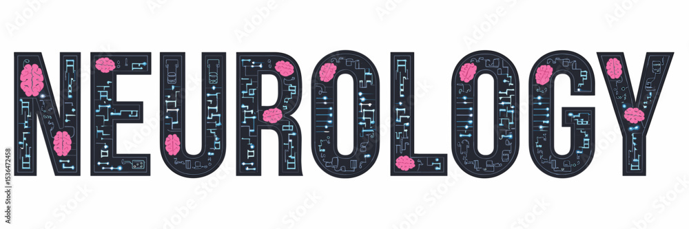 Aufkleber stylized neurology text with brain icons and neural networks on white background – great for neurosc