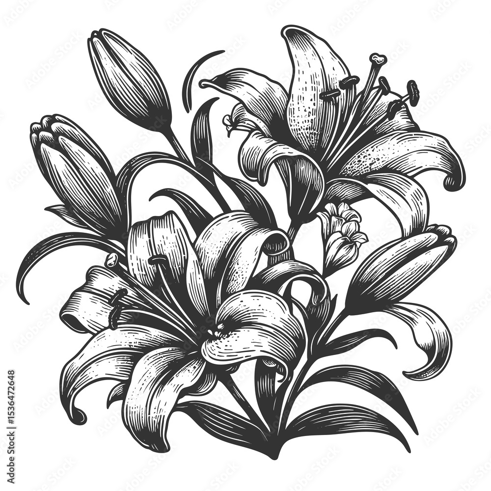 Poster lily flower sketch engraving generative ai fictional character raster illustration. scratch board im