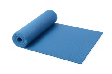 Blue yoga mat partially rolled up, isolated on transparent background, ready for yoga or pilates exercises