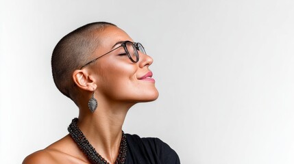 Woman with a shaved head and glasses is smiling
