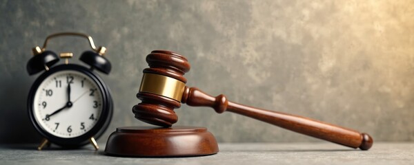 Gavel, alarm clock, textured background. Concept time management in legal proceedings. Judge gavel on sound block, clock shows working hours. Legal, justice, business, time, decision, work, deadline.