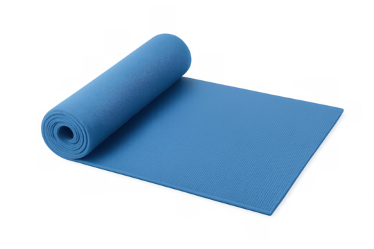 Blue yoga mat partially rolled up, isolated on transparent background, ready for yoga or pilates exercises