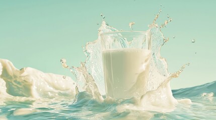 Single glass of milk with splash effect on pale green background, advertising style