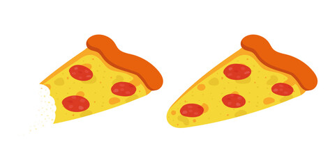 Pepperoni pizza slice illustrations, bitten slice of pizza. Flat style, isolated on white background