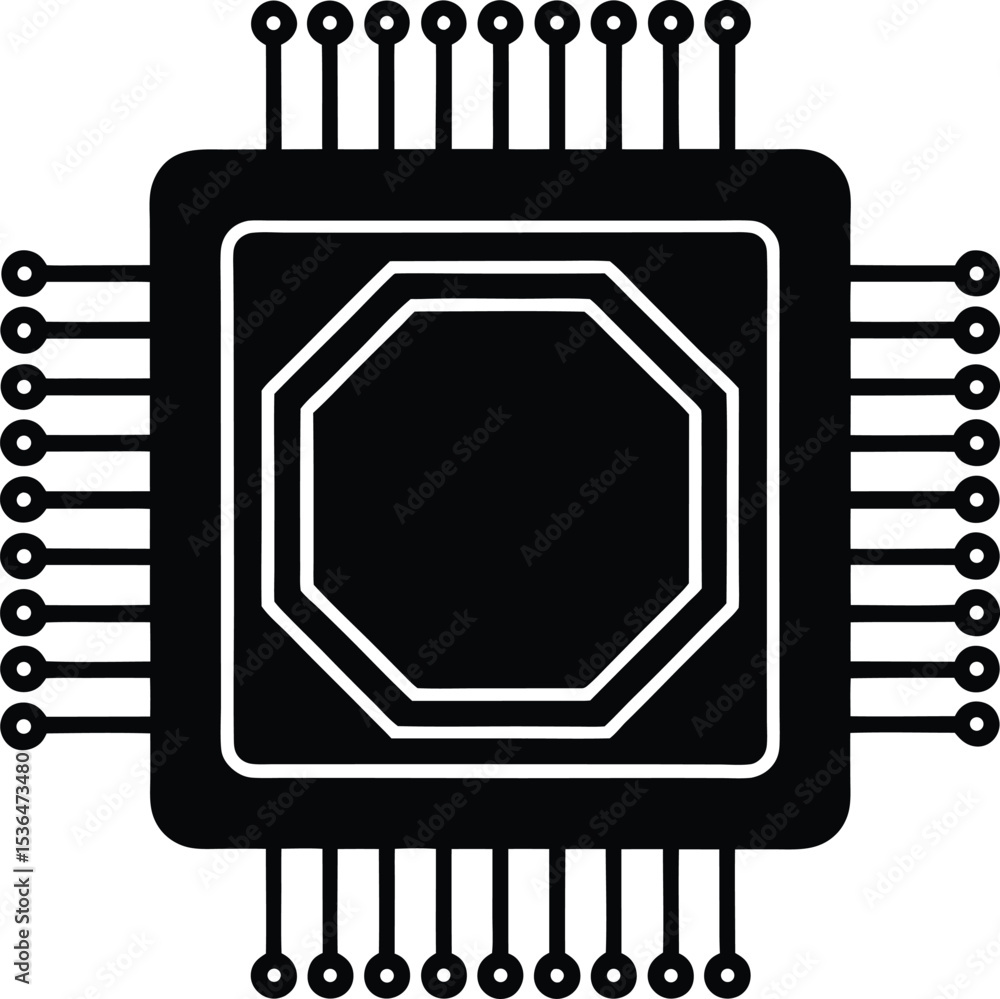 Poster black and white representation of a silhouette computer chip with an octagon pattern