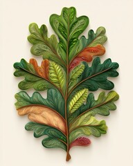 Obraz premium Intricate Embroidered Oak Leaf with Autumnal Hues on White Background