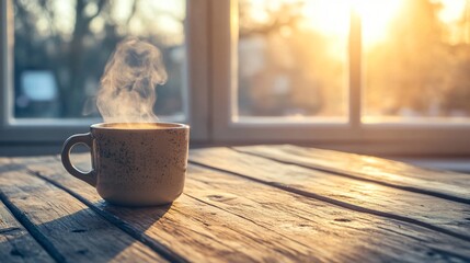 A steaming cup of coffee on a rustic wooden table