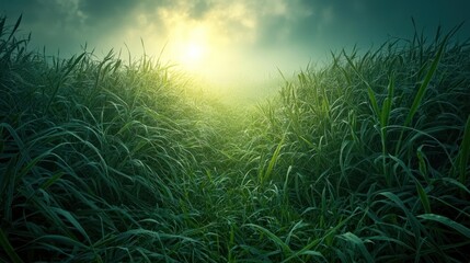 Soft grassy meadow in the fog, mysterious and moody atmosphere