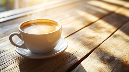 A steaming cup of coffee on a rustic wooden table, cup, coffee, table, drink, tea, white, mug, cafe, espresso, breakfast, beverage, hot, morning, wood, wooden, brown, caffeine, black, saucer, empty,