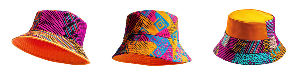 Colorful bucket hats showcasing vibrant patterns and unique designs for summer fashion., transparent background