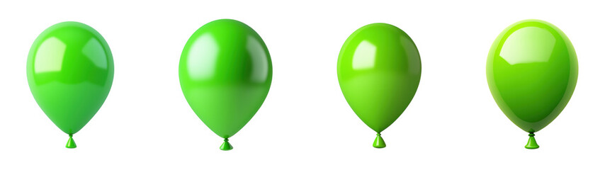 Four vibrant green balloons floating against a transparent background., transparent background