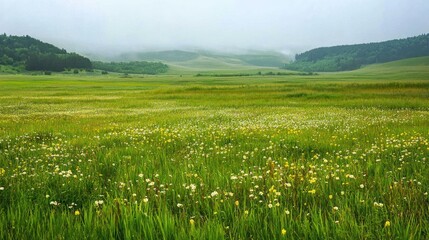 Spring meadow with vibrant green grass and soft light rain