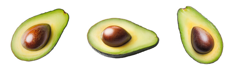 Freshly sliced avocados showcasing vibrant green flesh and rich brown pits., transparent background