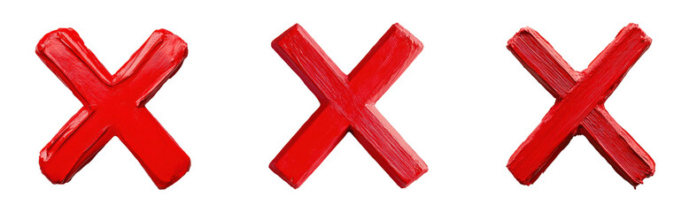 Three bold red crosses on a transparent background, symbolizing rejection or negativity., transparent background