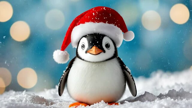 Adorable penguin in santa hat celebrating winter holiday with snowy background and bokeh effect.