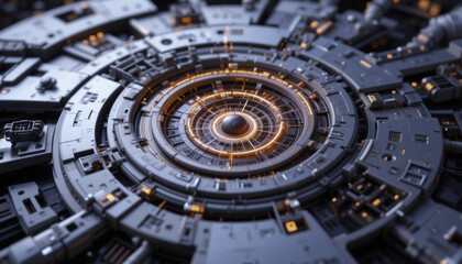 Obraz premium futuristic, intricate circular mechanism with glowing orange lights and metallic components creates sense of advanced technology and innovation