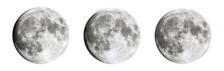 Three phases of the moon showcasing its beauty and celestial presence in the night sky., transparent background