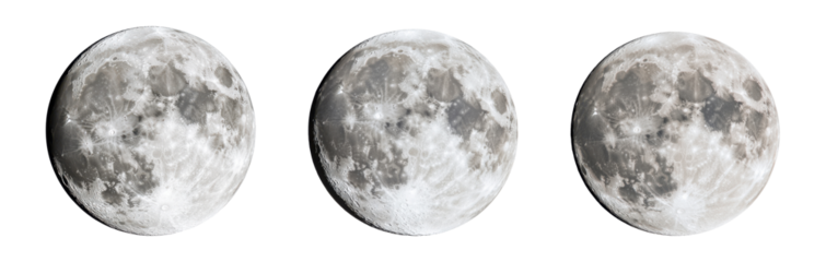 Three phases of the moon showcasing its beauty and celestial presence in the night sky., transparent background