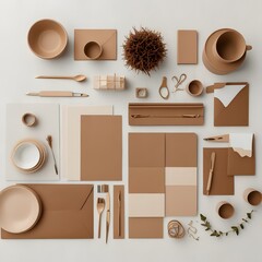 Minimalist flatlay of elegant brown and beige office and stationery items on neutral background, showcasing sophisticated design aesthetics and stylish branding concepts
