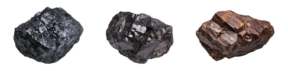 Three unique mineral specimens showcasing diverse textures and colors., transparent background