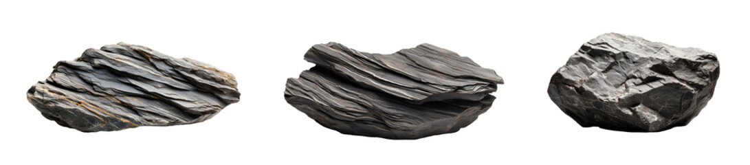 Three smooth black rocks with unique textures and colors placed on a white background., transparent background