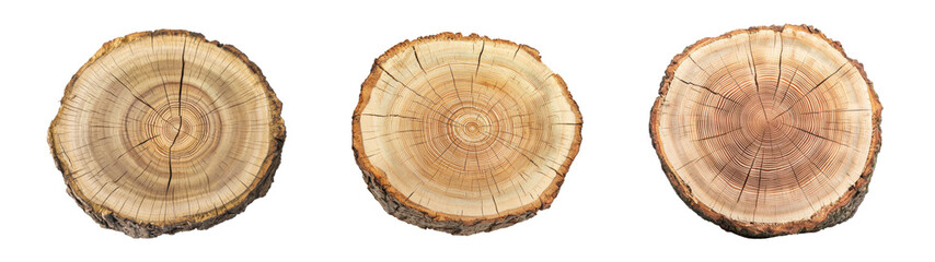Three wooden tree rings showcasing natural patterns and textures of wood slices., transparent background