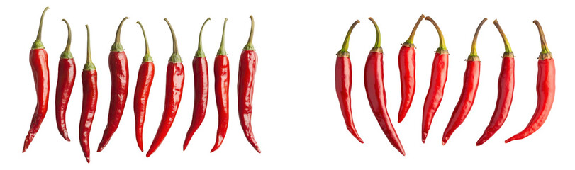 Vibrant red chilies arranged neatly for culinary and food preparation use., transparent background